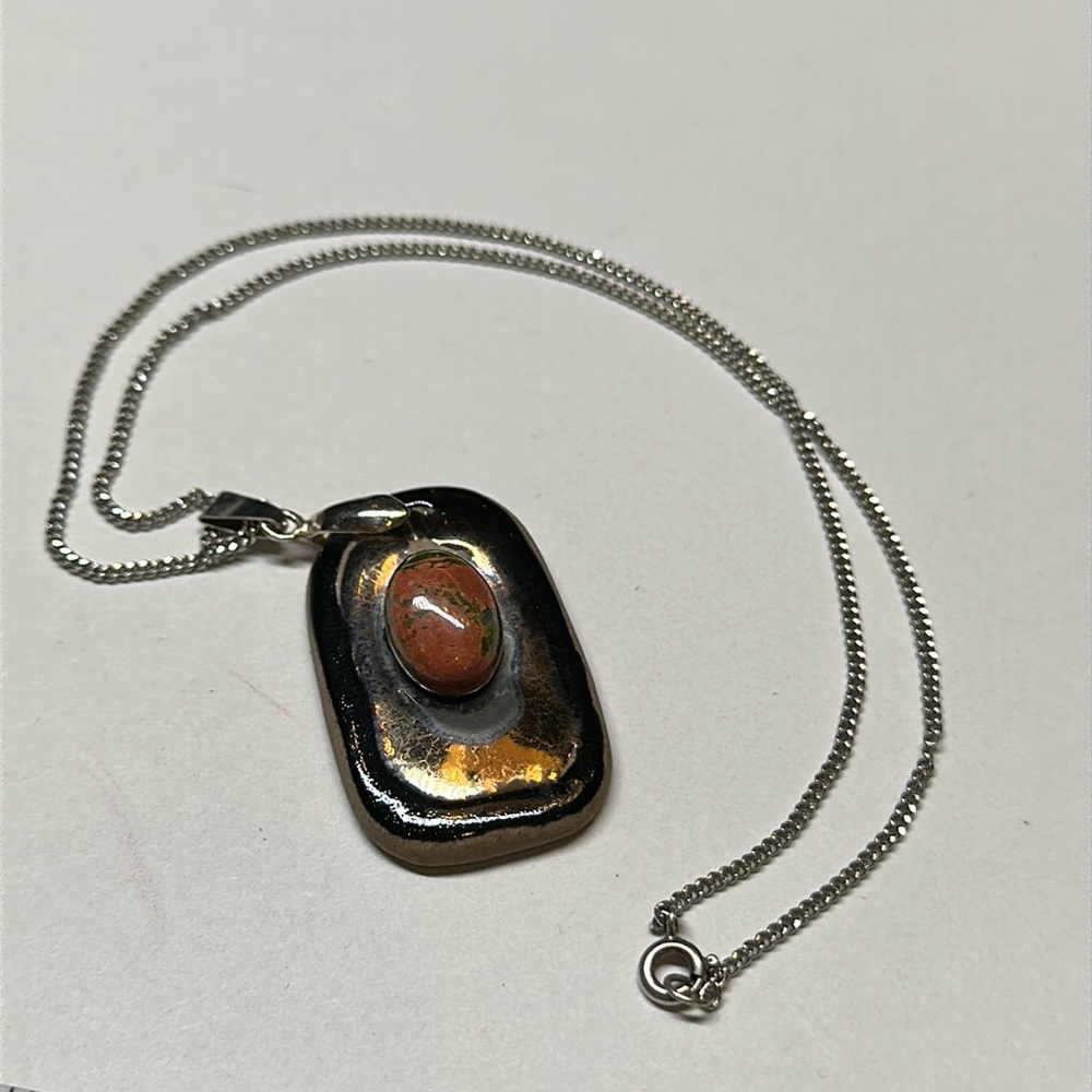 XVintage Calderon ceramic enamel and stone cabochon necklace on sterling chain - Picture 10 of 10